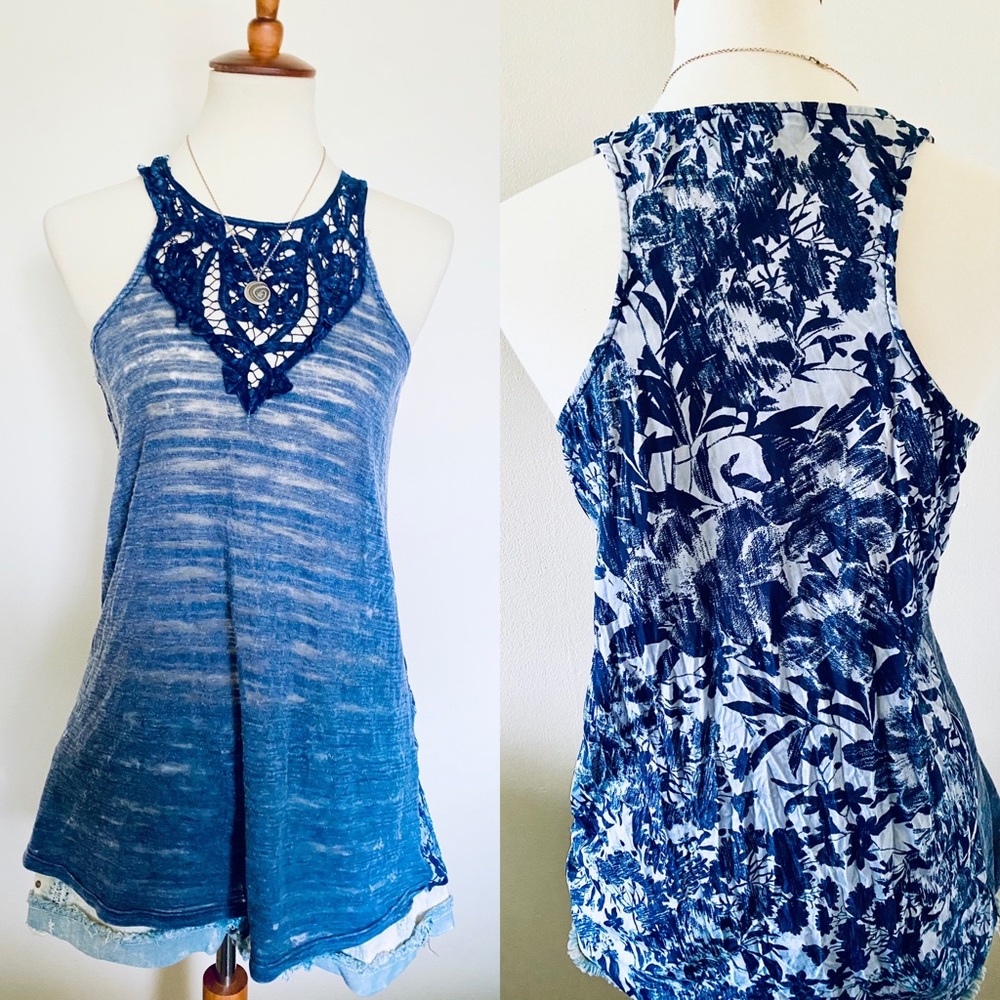 Gimmicks Blue Crochet High Neck Racerback Tank